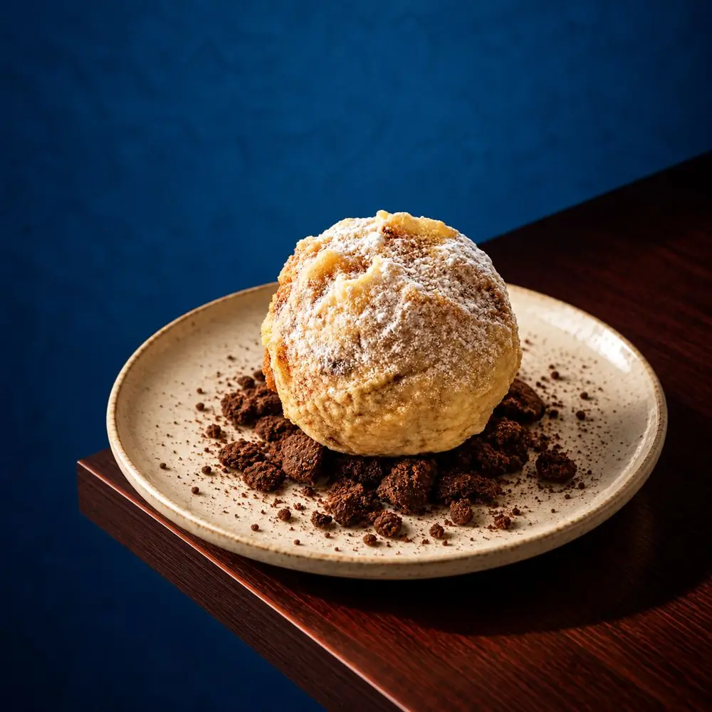 Gelato fritto con zucchero a velo su crumble al cacao